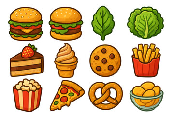 Big set of food icons. Vector cartoon illustration of fast food, snacks and desserts. Burger, pizza, fries, cake, ice cream, cookie, popcorn, pretzel, chips, lettuce. Isolated.