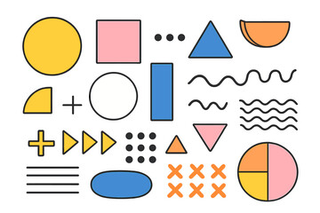 Big set of abstract geometric shapes and colorful retro design elements. Memphis style 80s and 90s collection for modern graphic design. Minimalist vector constructor kit.