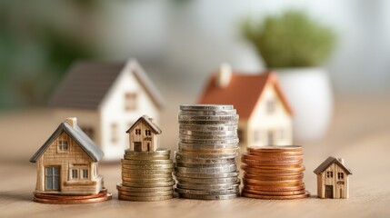 Miniature houses and stacked coins