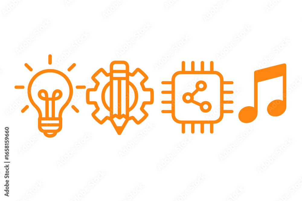 Poster creative process workflow concept with icons. lightbulb for idea, pencil in gear for design, process