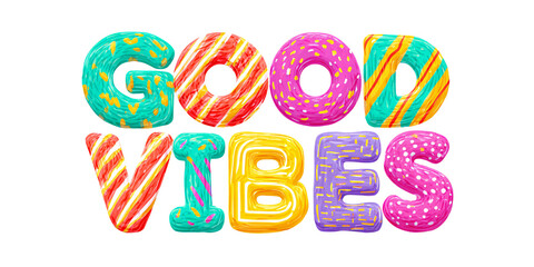 Playful Good Vibes Typography with Colorful Patterned Letters on Black Background Concept of Positivity, Fun, and Creative Design