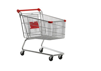 Empty shopping cart isolated on transparent background, metal wire basket for groceries