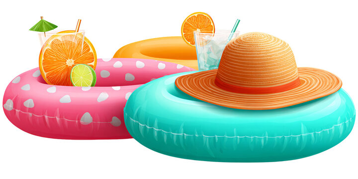 summer scene: orange drinks, hats, pool floats clip art preview