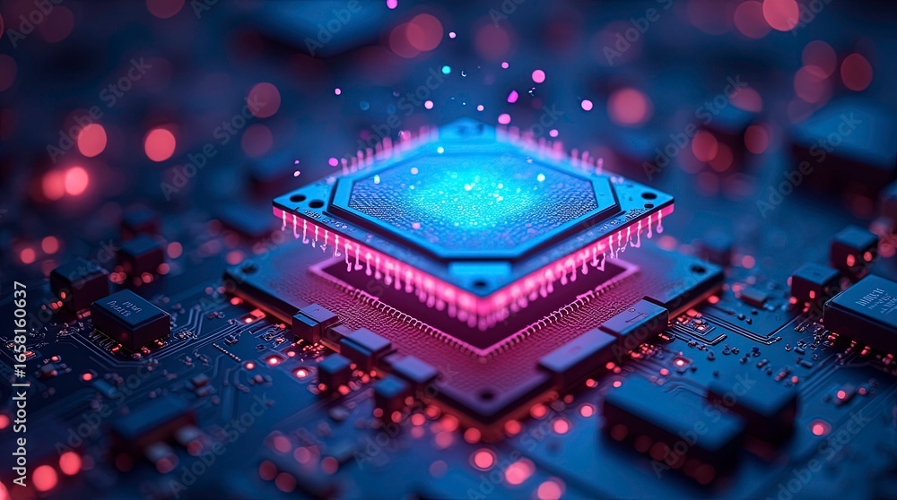 Poster powerful central processing unit (cpu) on a high-tech circuit board. ai generative