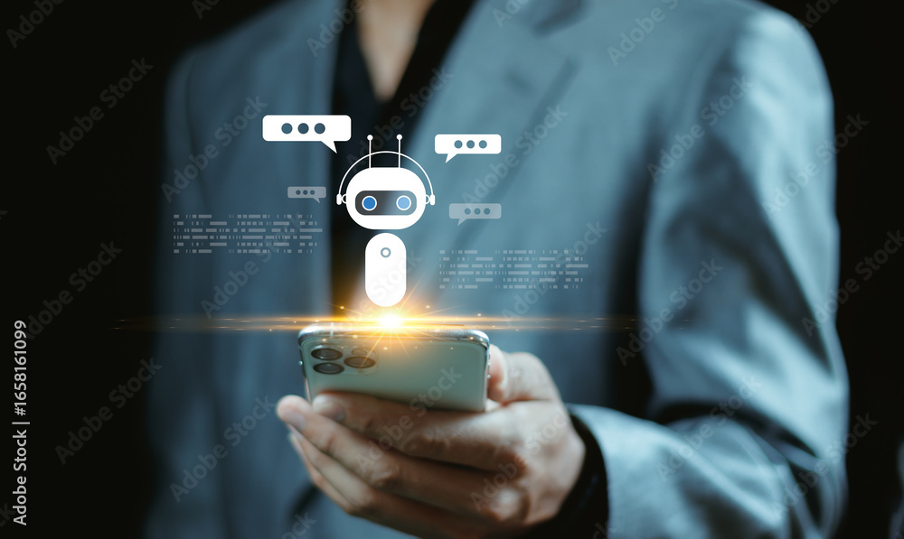 Aufkleber businessman using ai chatbot conversation assistant in app on device for virtual assistance and cust