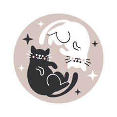 Yin Yang Cats vector Illustration. Doodle simple flat design. Black and white cats in a yin and yang pose. Cute circular background