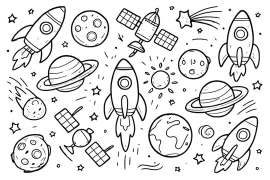 Hand drawn space elements collection. Vector doodle cartoon sketch. Rocket, planet, satellite, star, comet, sun icon set. Black and white line art science illustration.