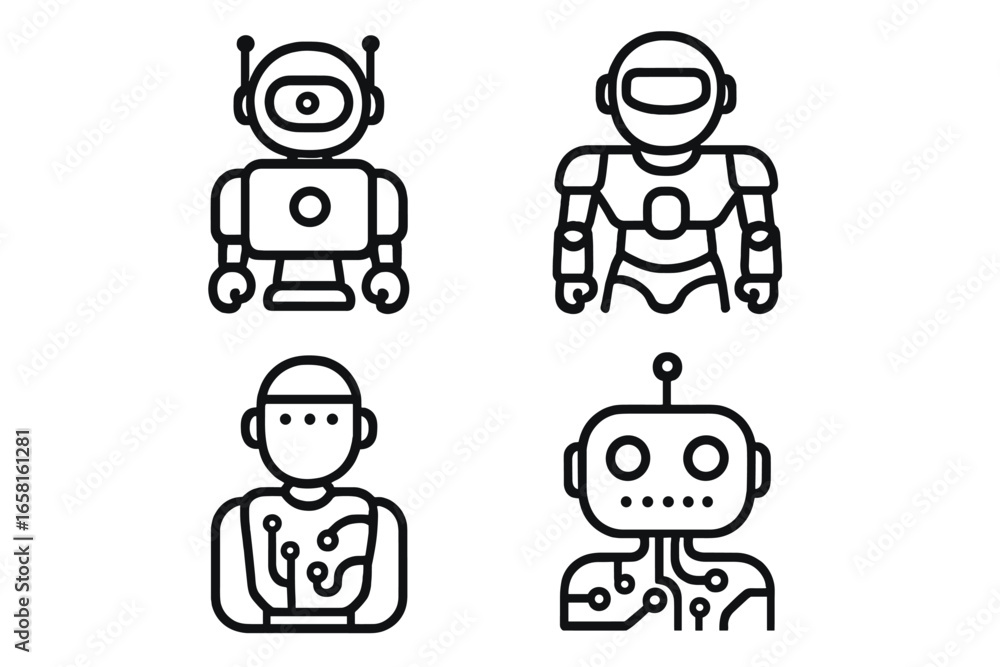 Aufkleber set of 4 robot and cyborg outline icons. vector illustration of futuristic androids and ai heads. te