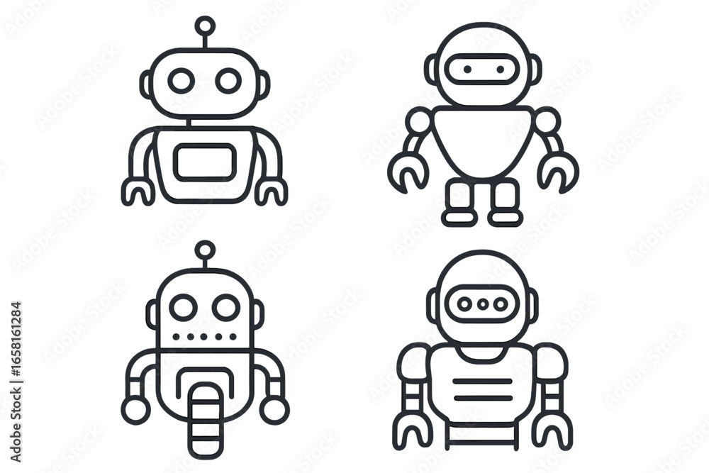 Poster robot outline icon set. collection of four futuristic android character pictograms. linear vector sy