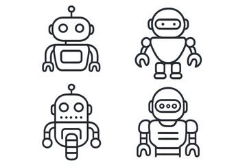 Robot outline icon set. Collection of four futuristic android character pictograms. Linear vector symbols for AI, technology, machine learning. Simple bot, cyborg illustration.