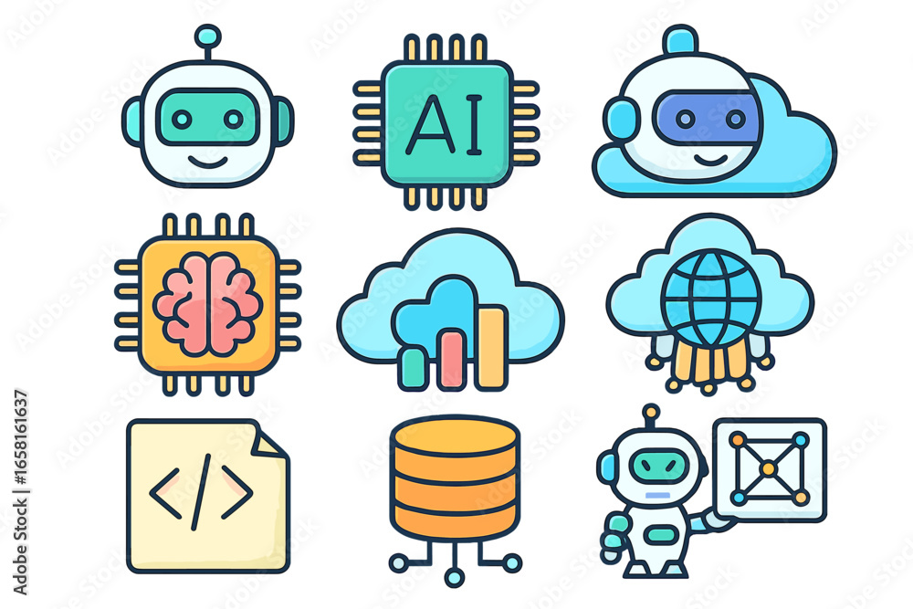 Poster artificial intelligence icon set. ai technology concept. machine learning, data science, cloud compu