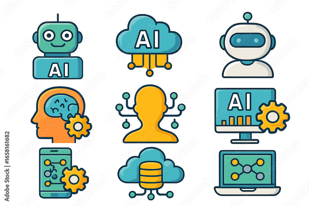 Poster ai icon set. artificial intelligence concept, machine learning, data processing, cloud computing. ve