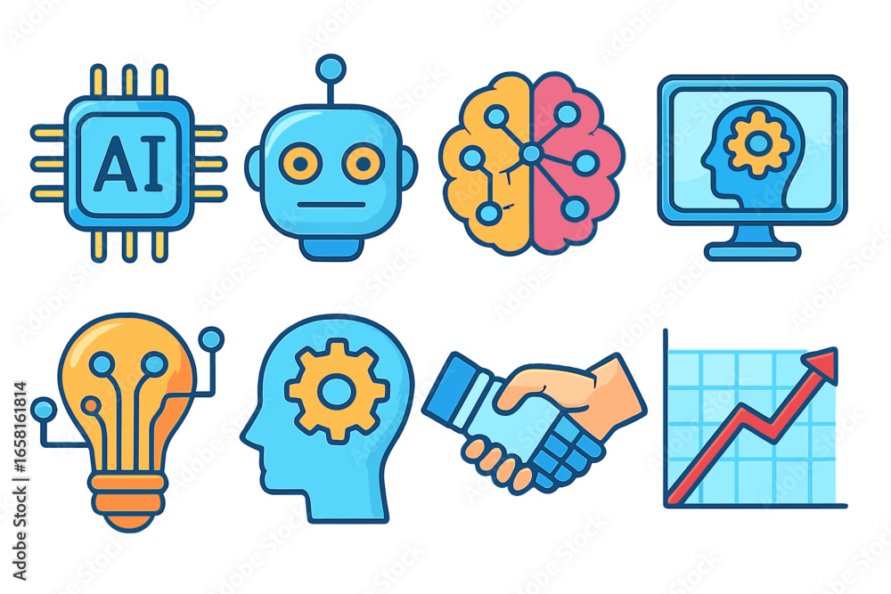 Poster artificial intelligence icon set for technology and innovation. vector icons of ai chip, robot, neur