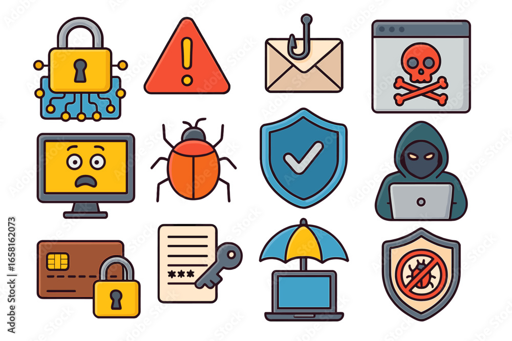 Poster cybersecurity icon set. hacker, virus, phishing, and data protection concepts. digital security symb