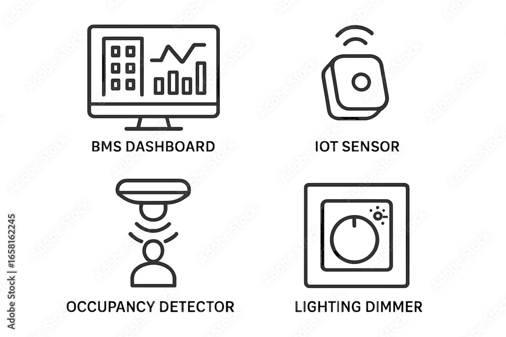 Poster smart building outline icons. building management system (bms) dashboard, iot sensor, occupancy dete