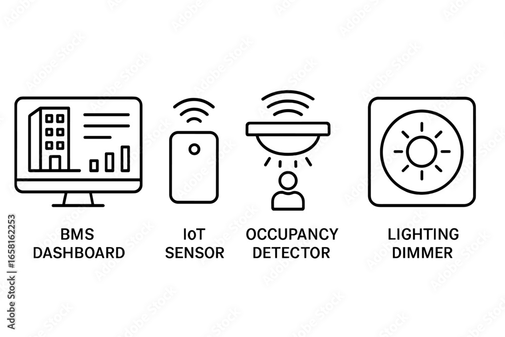 Aufkleber smart building vector icon set for building management systems (bms). outline icons of iot sensor, o