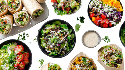 Freshly Made Vegan Meals: A flat lay of freshly made vegan meals like salads, wraps, and bowls, isolated on a Transparent background, PNG file.