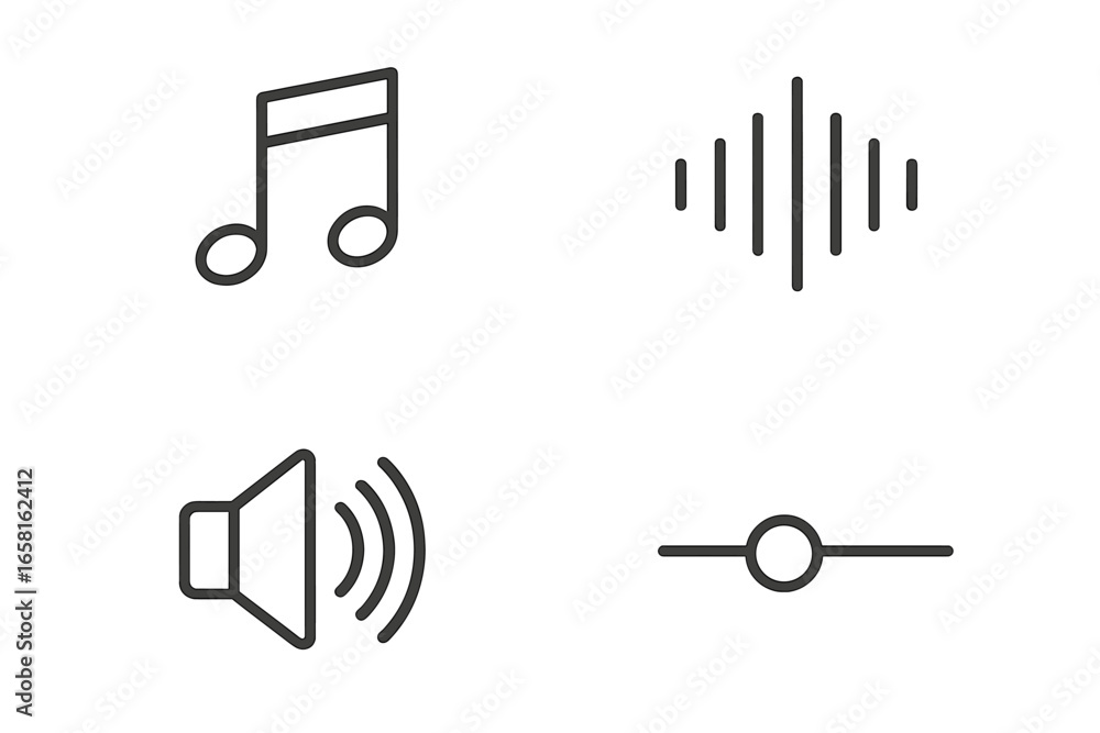 Poster sound icon set. vector line art collection of audio symbols. includes musical note, equalizer, speak