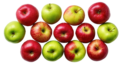 Freshly Picked Apples: A flat lay of freshly picked apples with vibrant red and green skins, isolated on a Transparent background, PNG file.