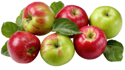 Freshly Picked Apples: A flat lay of freshly picked apples with vibrant red and green skins, isolated on a Transparent background, PNG file.