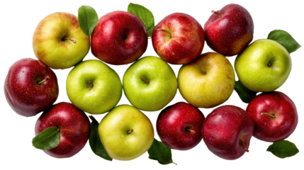 Freshly Picked Apples: A flat lay of freshly picked apples with vibrant red and green skins, isolated on a Transparent background, PNG file.