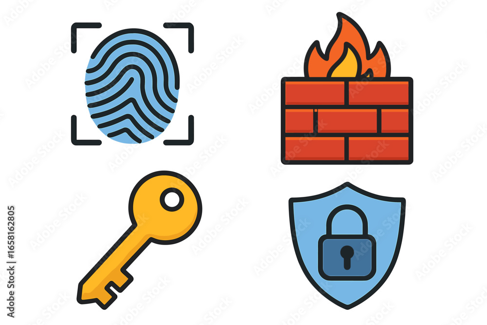 Poster digital security icons. cybersecurity themes like fingerprint recognition, firewall protection, encr