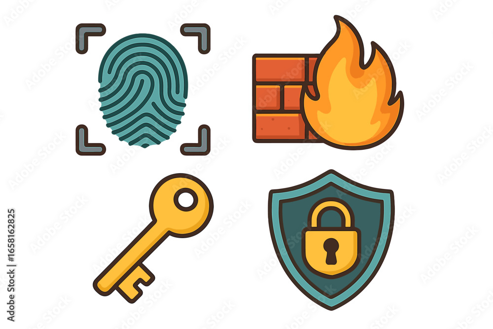 Poster cybersecurity icon set. digital security vector collection with fingerprint recognition, firewall, a