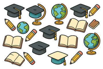 Education and graduation vector icon set. Cartoon symbols for school, university, learning. Includes graduation cap, mortarboard, book, globe, pencil. Back to school concept.