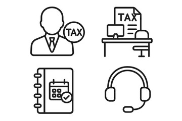 Tax consultation services icon set. Financial advisor, accounting and business support symbols. Outline vector icons for tax declaration, appointment booking, and help desk operator.