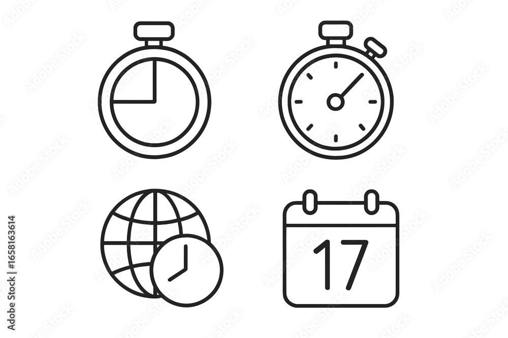 Poster time management icons. outline icon set for productivity, efficiency. vector concepts of timer, stop