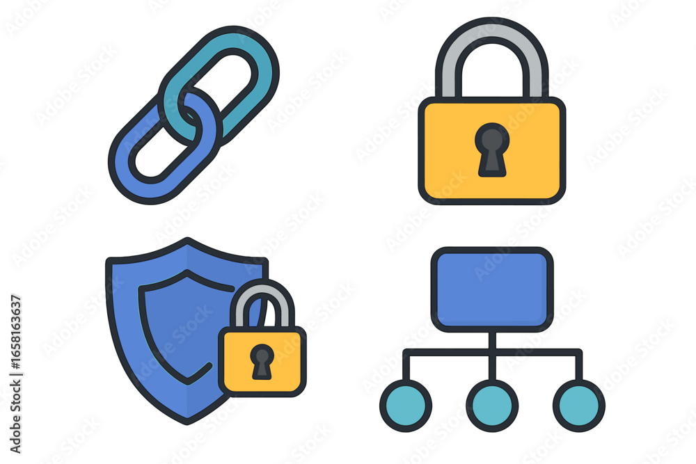 Poster modern vector cartoon icons for cybersecurity and network systems. padlocks, shield, chain links, ac