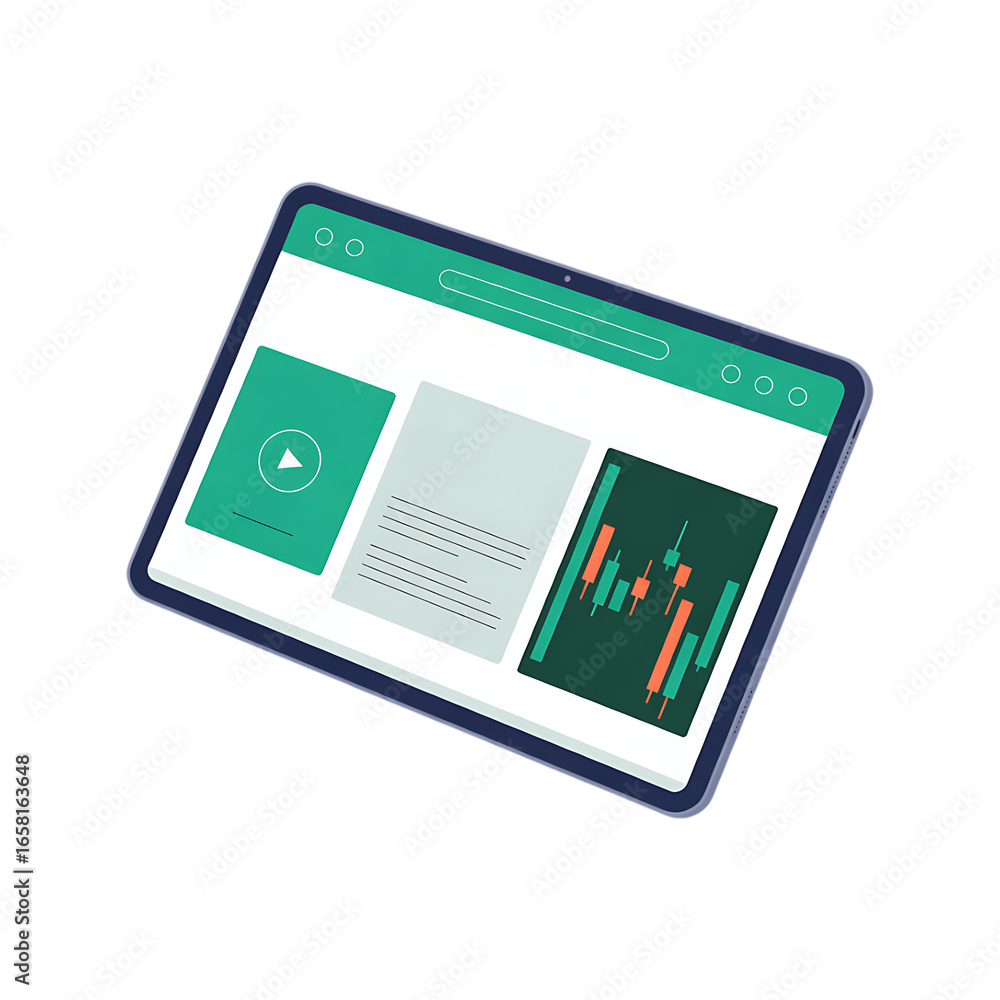 Poster isometric illustration of a tablet displaying an online trading platform interface.