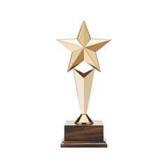 A golden star award trophy on a wooden base.  Success, achievement, victory.