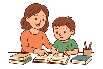 Mother and child engaged in a focused home study session with books, writing materials, and learning tools, cartoon vector illustration on transparent background, ordered educational set