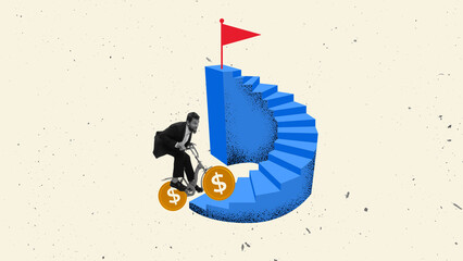 Colorful collage. Businessman riding bicycle with money wheels up spiral staircase to red flag....