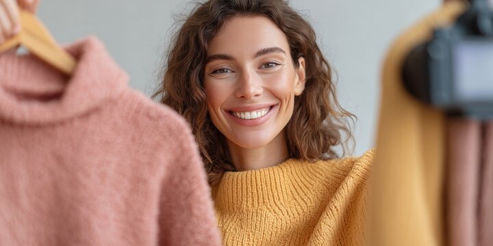 Happy young woman in orange sweater smiling while taking selfie with secondhand clothes on hangers in background. Cozy atmosphere, promoting sustainable fashion and personal style.