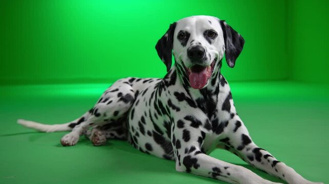 Playful dalmatian dog studio setting pet photography vibrant green background close-up view joyful expression for pet lovers
