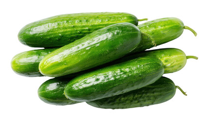 Freshly Picked Cucumbers: A flat lay of freshly picked cucumbers with vibrant green color, isolated on a Transparent background, PNG file.