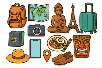 Travel essentials and cultural symbols illustration with iconic landmarks, traditional cuisine, and travel gear for an enriching journey through stunning global destinations in colorful cartoon style
