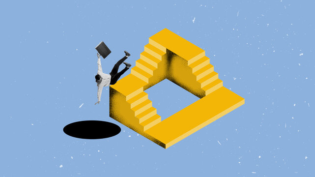 Modern artwork. Businessman falling from endless yellow staircase into black void. Concept of career risk, financial downfall, instability, wrong decisions and existential business challenge.