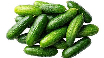 Freshly Picked Cucumbers: A flat lay of freshly picked cucumbers with bright green color, isolated on a Transparent background, PNG file.