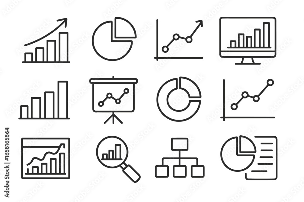 Poster data analysis line icons set. chart, graph, diagram for business report and presentation. statistics