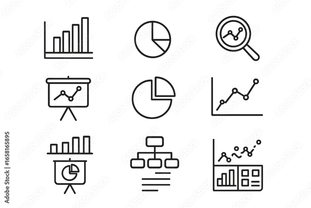 Poster data analysis line icon set for business intelligence and statistics. thin outline symbols for prese