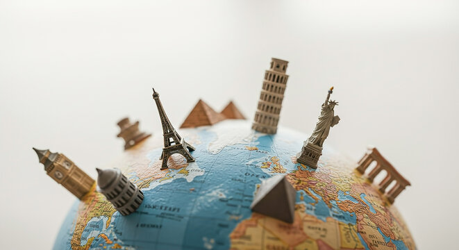 Global landmarks on a globe with famous structures like Eiffel Tower and Statue of Liberty showcased