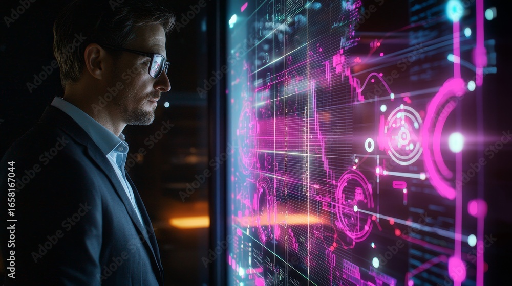 Poster a businessman interacts with a digital interface, analyzing data in a modern, high-tech environment.