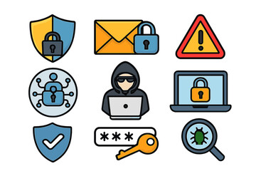 Cybersecurity icon set for data protection and internet safety. Concepts of hacker, virus scan, password key, and network security. Vector illustration of risk management.