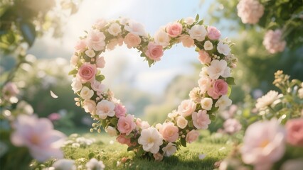 Heart-shaped floral wreath surrounded by blooming flowers in a sunny garden