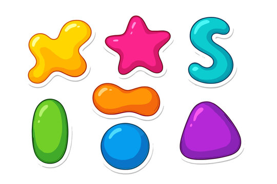 Naklejki Colorful abstract shapes vector set. Glossy jelly candy illustration. Cartoon liquid blob, star, geometric forms. Cute funny button or icon pack for game UI. Isolated elements.
