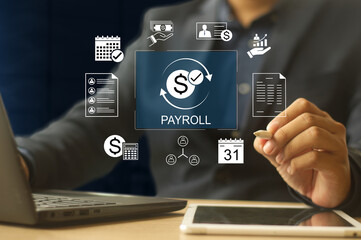 payroll management and financial processing system. payment of employees' salaries. icons for payment, scheduling, and efficient payroll operations.