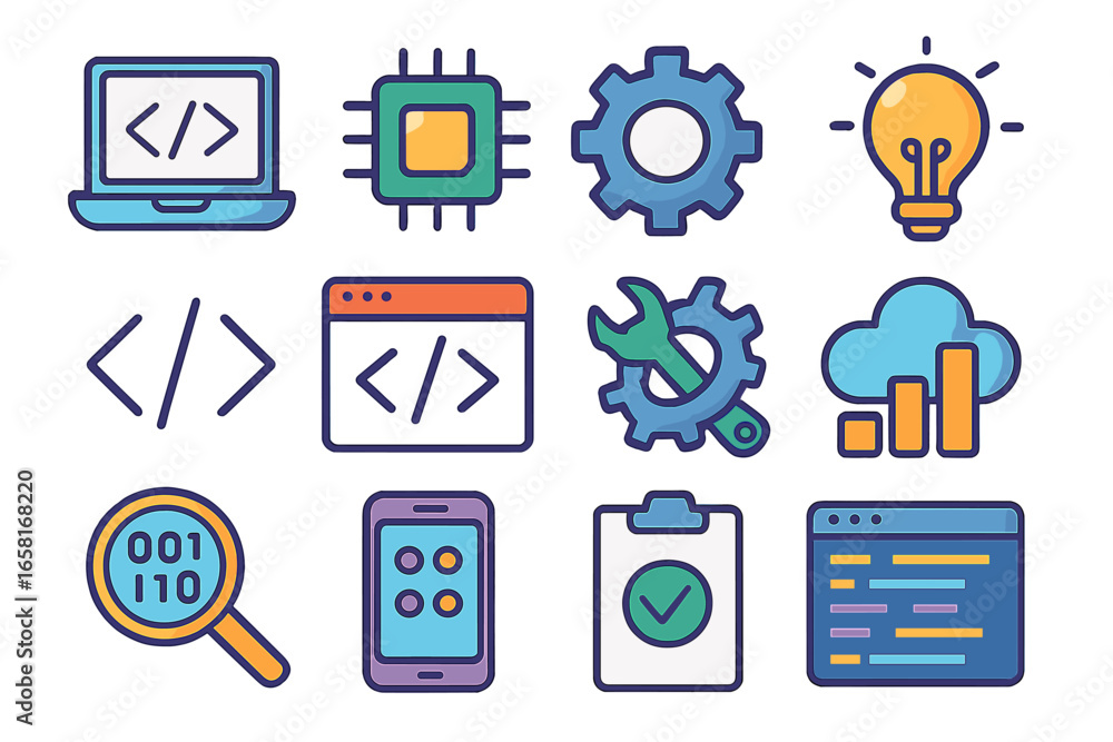 Fototapete technology icon set. programming, software development, coding, web and app design concept. flat vec